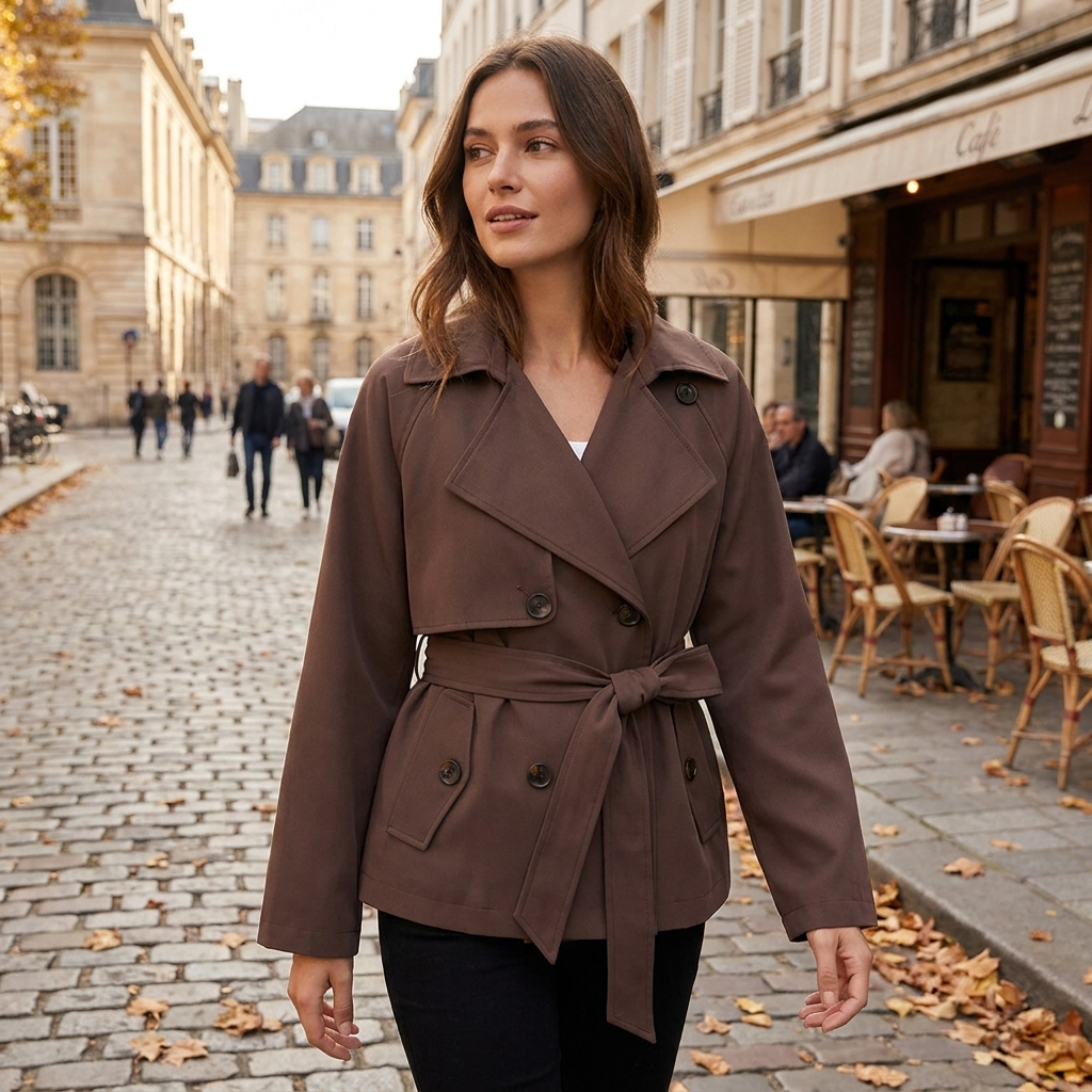 TrenchCoat Court Femme Ceintur  Coupe Croise Chic  Style Intemporel  M porte en automne