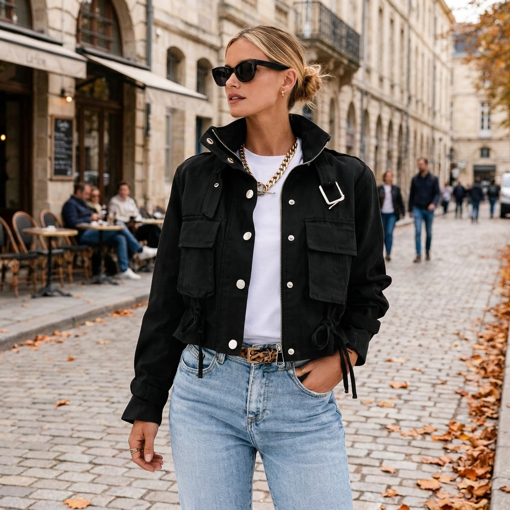 Veste Courte Femme Utility Zippe  Style Casual Chic  Poches Pratiques  porte en automne