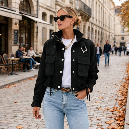 Veste Courte Femme Utility Zippe  Style Casual Chic  Poches Pratiques  porte en automne