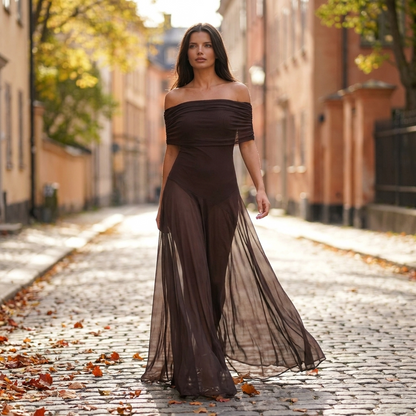 Robe Longue Femme paules Dnudes  lgante  Fluide en Maille  Robe de Coc porte en automne