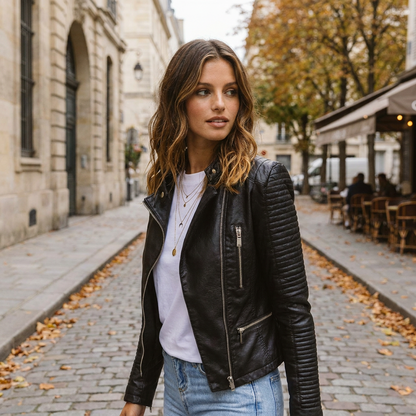 Veste Femme Style Biker Effet Cuir  Coupe Ajuste avec Fermetures Zippe porte en automne