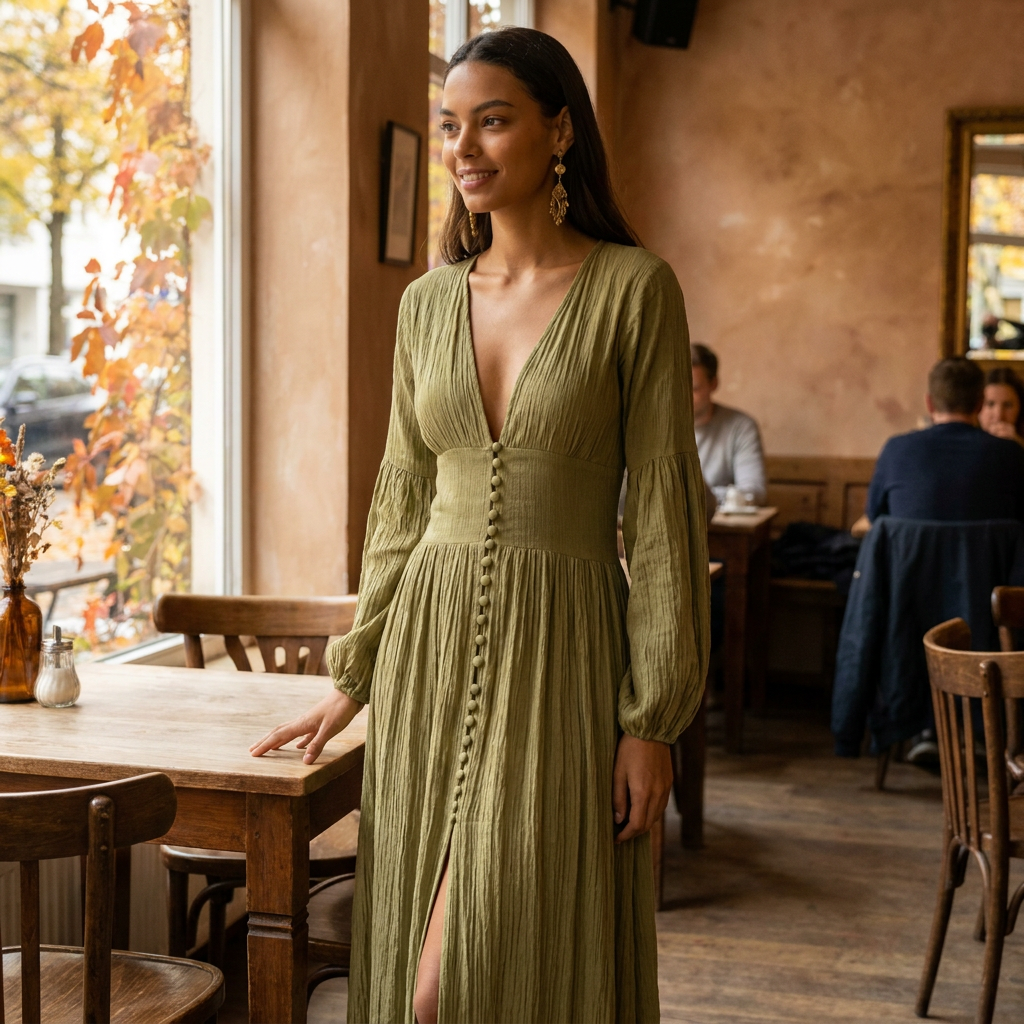 Robe Longue Femme Col en V  Coupe Fluide lgante Ventre Plat  Robe Maxi porte en automne
