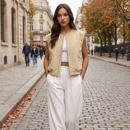 Gilet Femme Sans Manches Zipp  Veste Courte lgante Style Utility porte en automne
