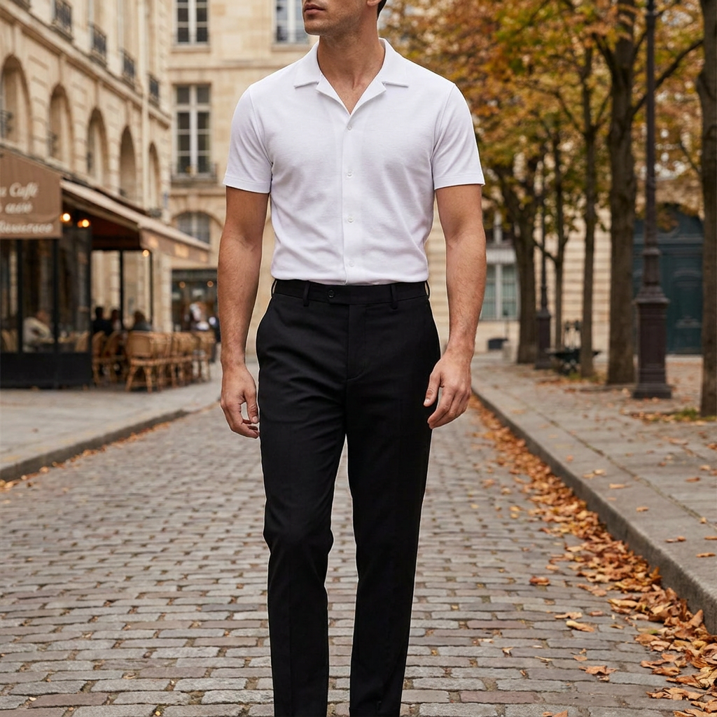Ensemble homme chemise manches courtes et pantalon coupe ajuste porte en automne