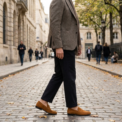 Mocassins homme en sudine coupe classique  enfiler porte en automne