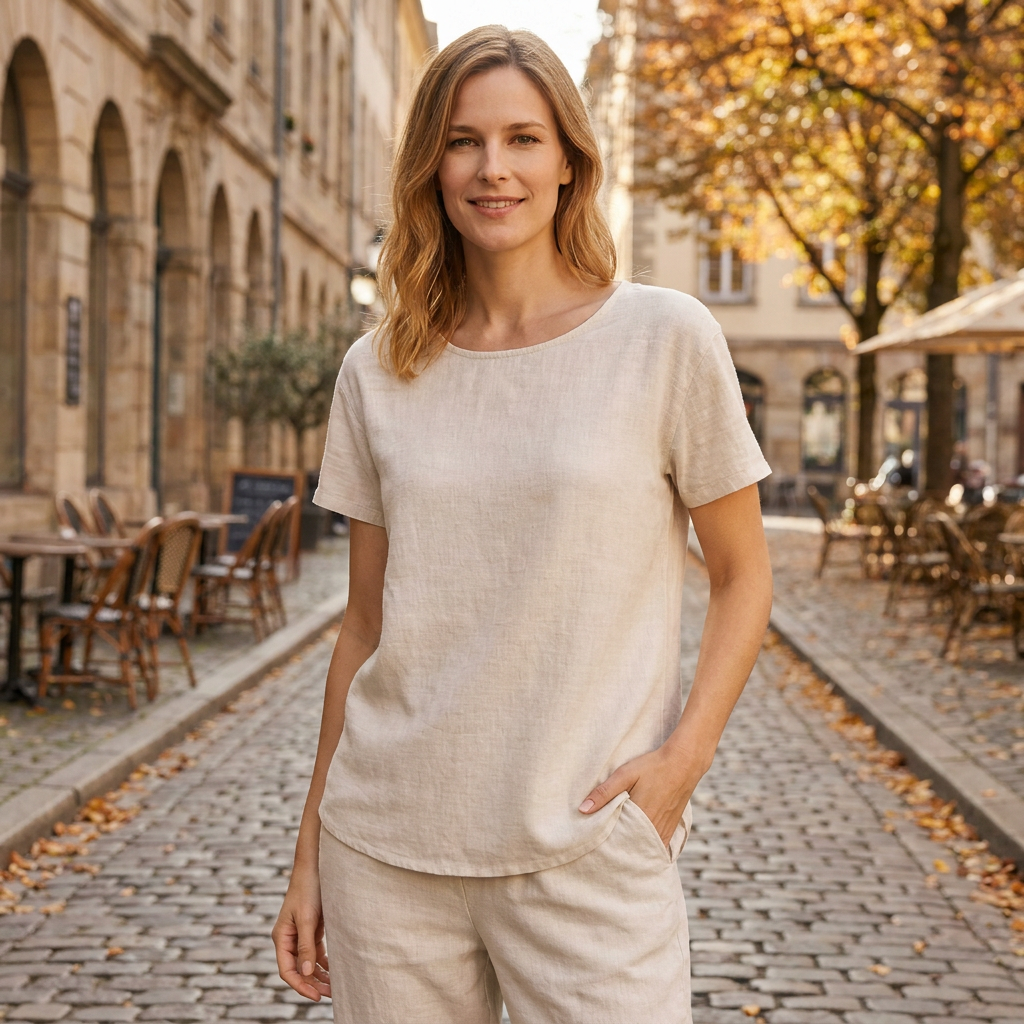 Tshirt femme coupe droite col rond manches courtes minimaliste porte en automne
