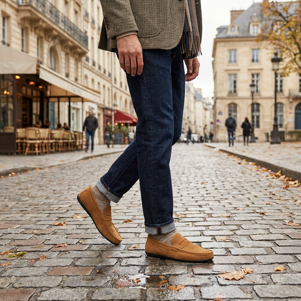 Mocassins homme en daim  enfiler avec couture apparente porte en automne