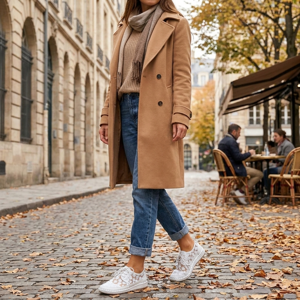 Baskets Femme en Dentelle Florale  Confort Lger  Semelle Amortissante  porte en automne