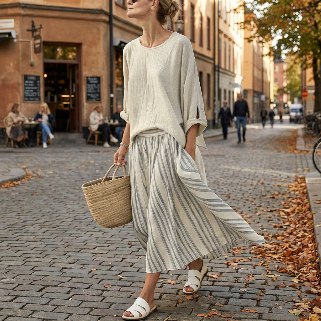 Ensemble Femme  Blouse Fluide et Jupe Taille Haute en Lin de Bambou  E porte en automne