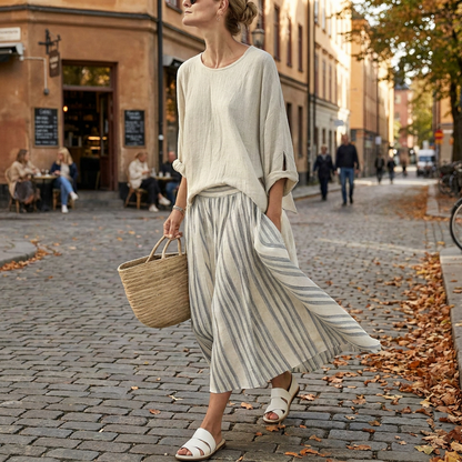Ensemble Femme  Blouse Fluide et Jupe Taille Haute en Lin de Bambou  E porte en automne