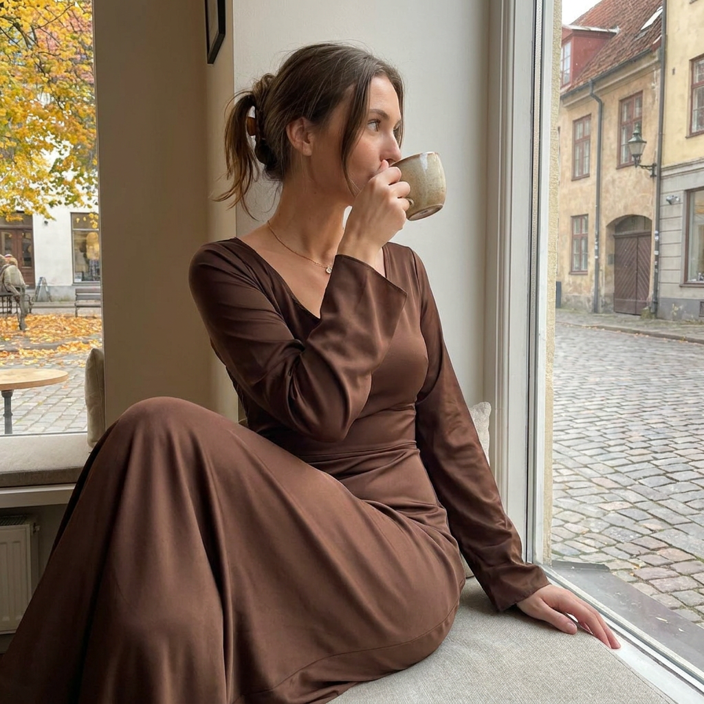 Robe Longue Satine Femme  Robe lgante  Manches Longues porte en automne