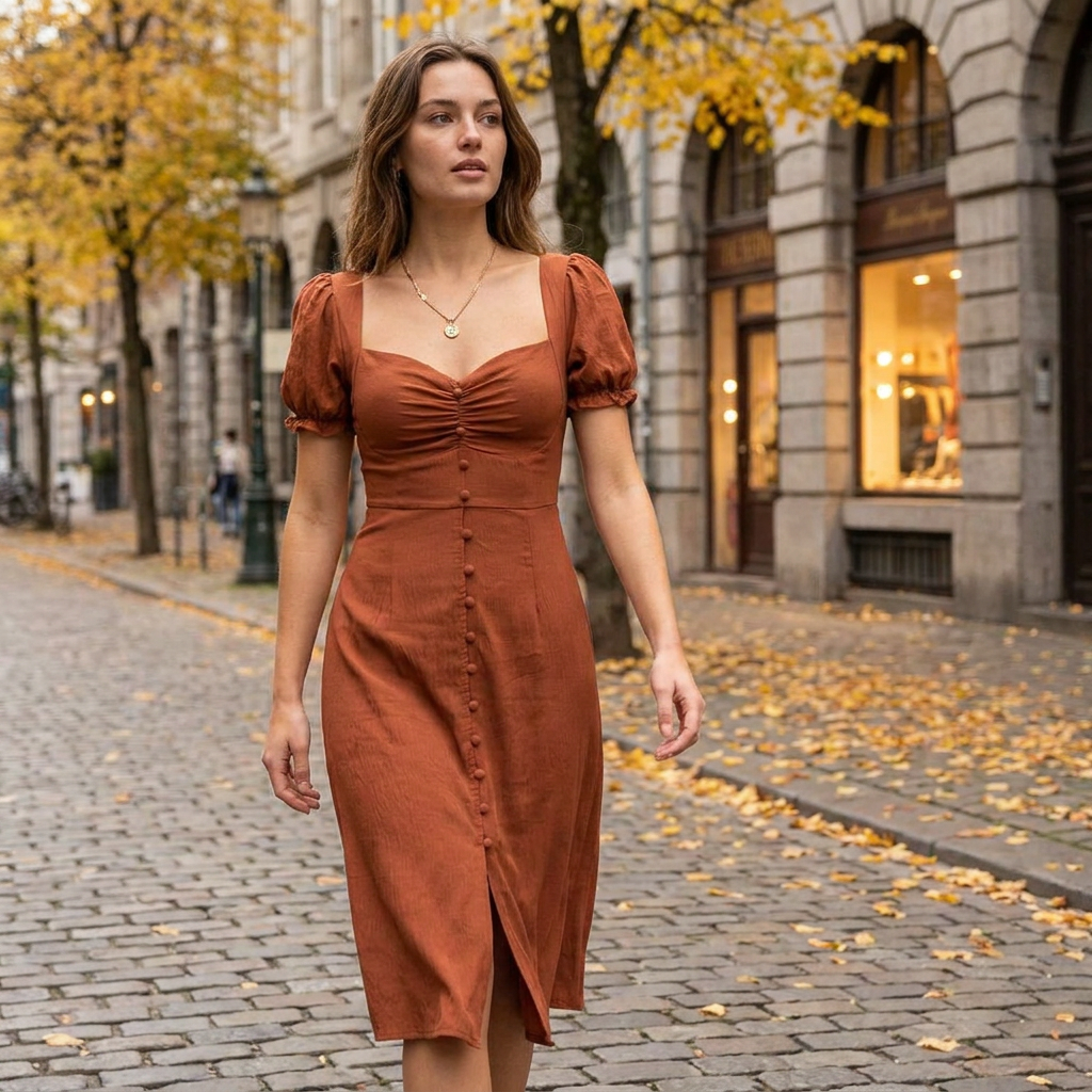 Robe Midi  Dcollet Cur pour Femme  Robe lgante  Manches Bouffantes et  porte en automne