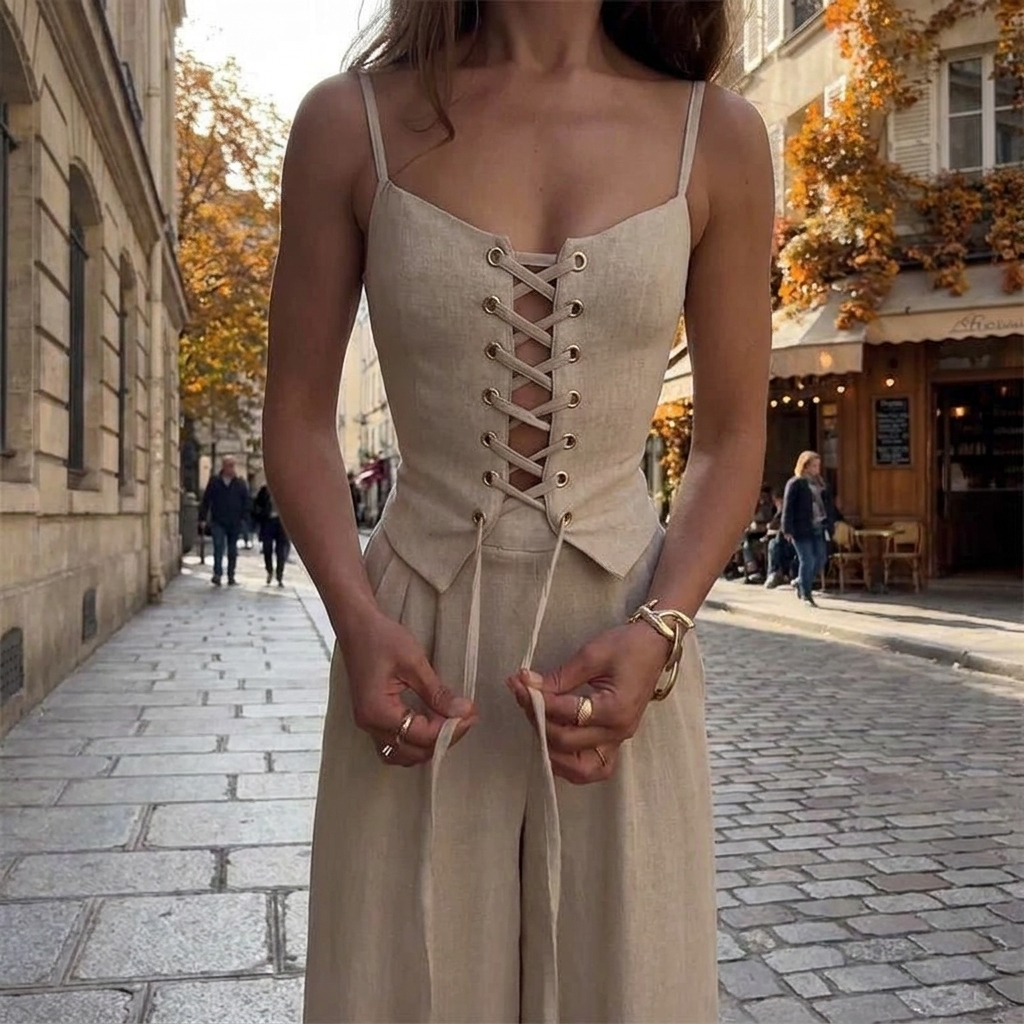 Ensemble Femme lgant  Corset  Haut Lac et Pantalon Fluide porte en automne
