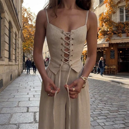 Ensemble Femme lgant  Corset  Haut Lac et Pantalon Fluide porte en automne
