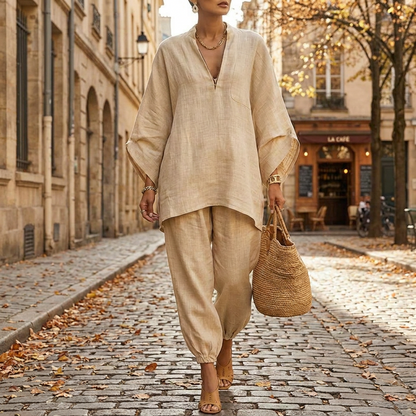 Ensemble 2 pices Femme  Tunique Fluide en Lin Col en V  Pantalon Confo porte en automne