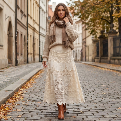 Jupe Femme en Dentelle  Taille Haute  Coupe lgante Style Romantique Ch porte en automne
