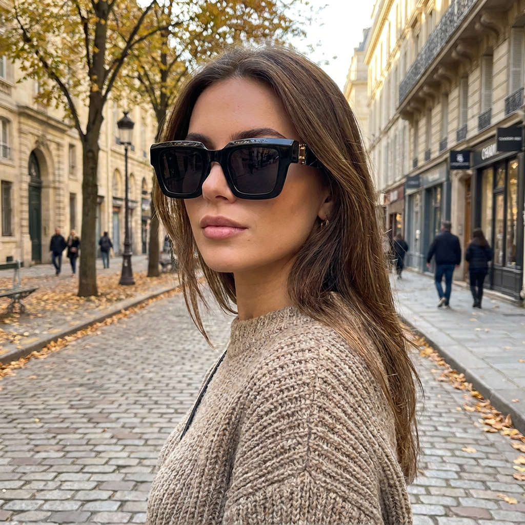 Lunettes de Soleil Mixtes  Monture Effet Bois  Noir Mat Protection UV  porte en automne