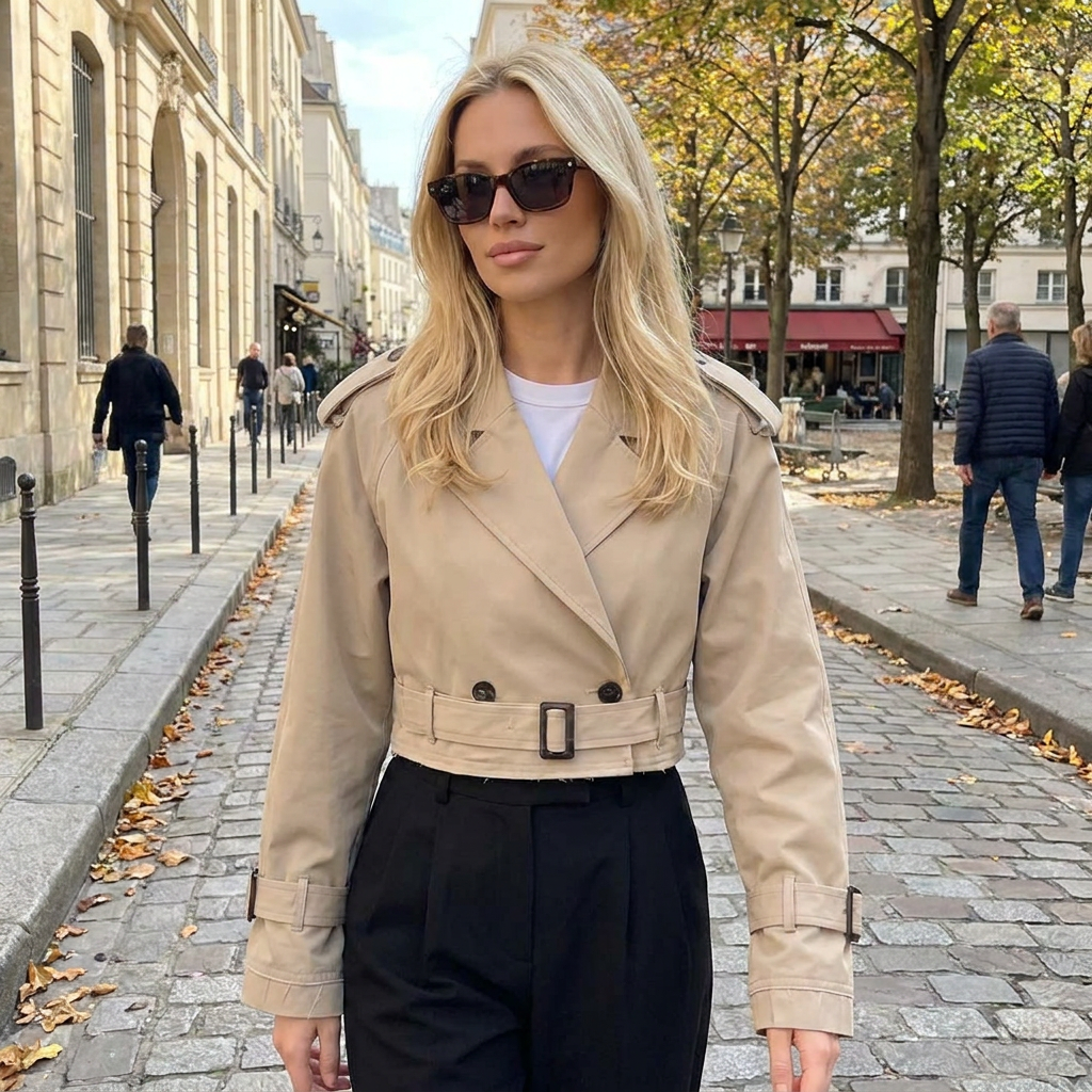 TrenchCoat Court Femme  Ceinture  Coupe Cintre  Style Chic Intemporel porte en automne