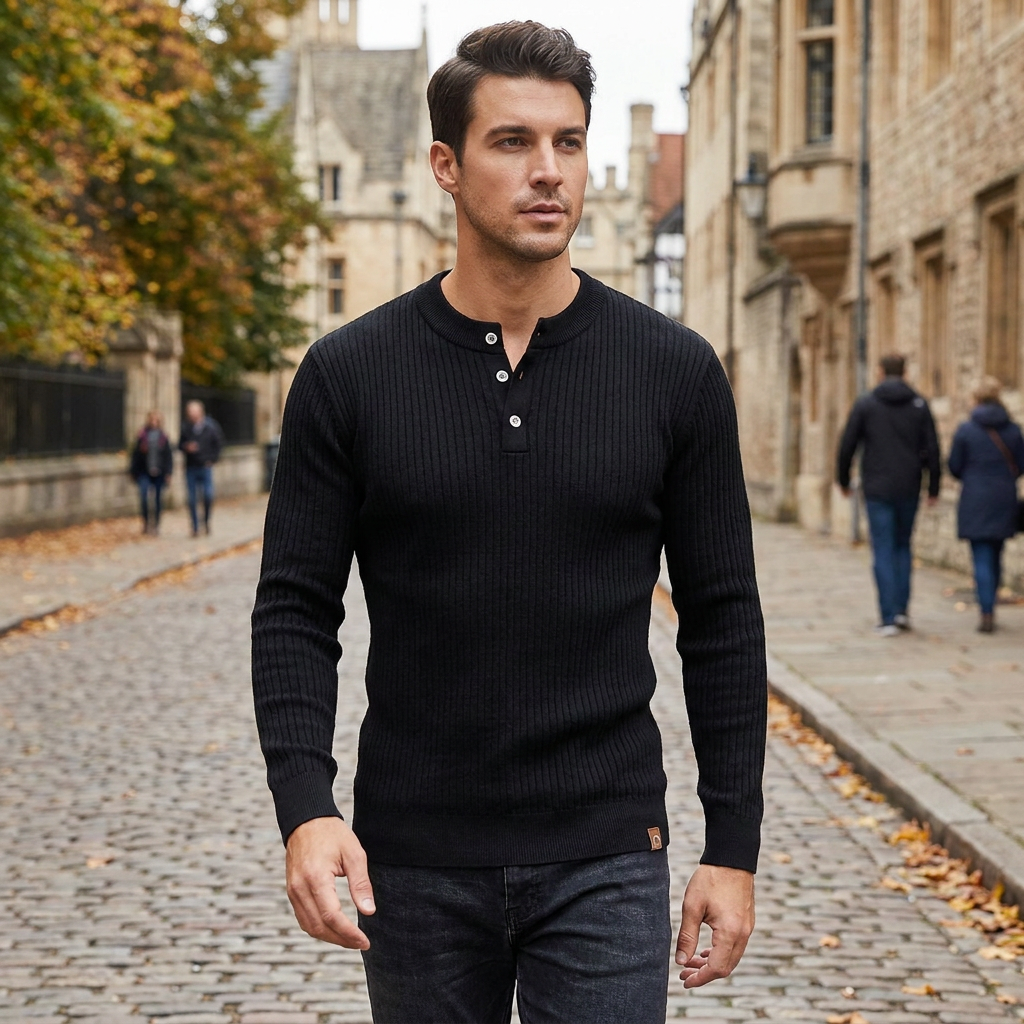 Pull Homme Col Rond Boutonn  Maille Confort pour le Quotidien porte en automne