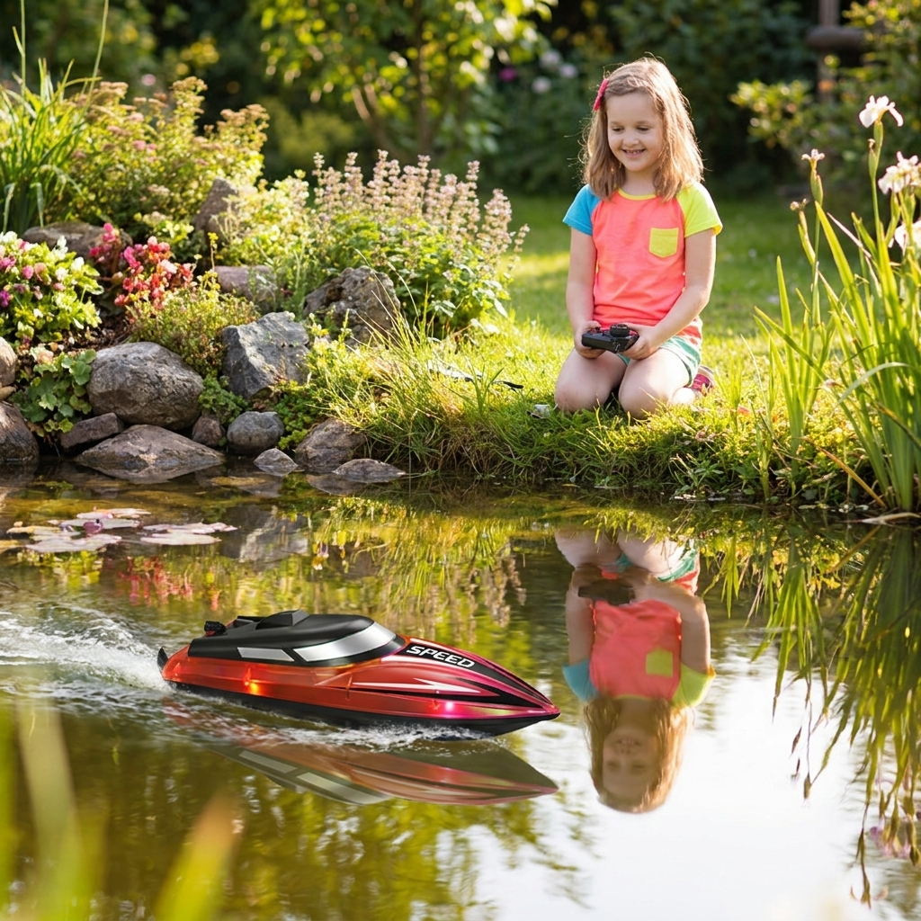 Fille pilotant le bateau RC rouge sur un étang