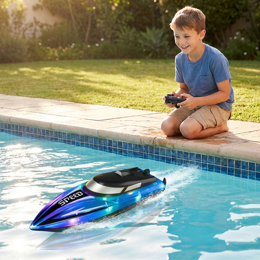 Garçon pilotant le bateau RC bleu sur une piscine