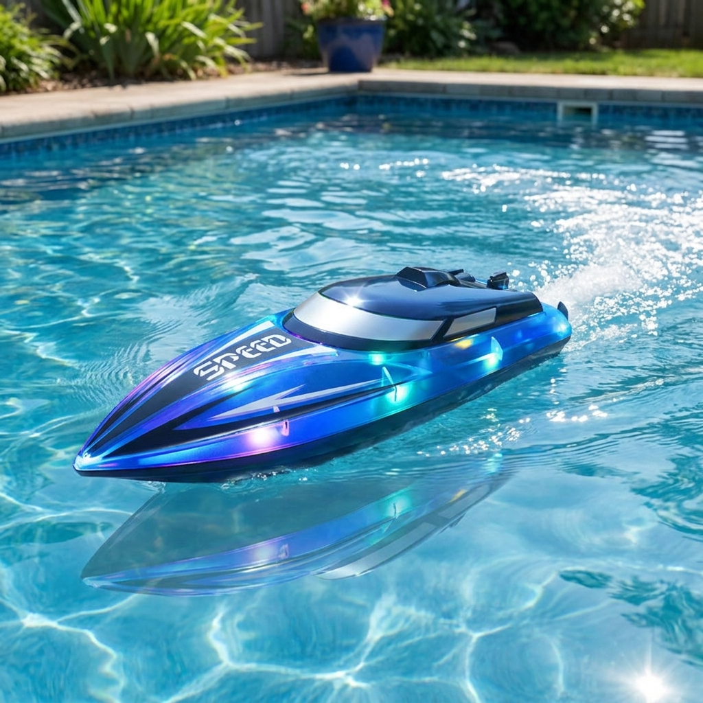 Bateau RC bleu naviguant sur une piscine