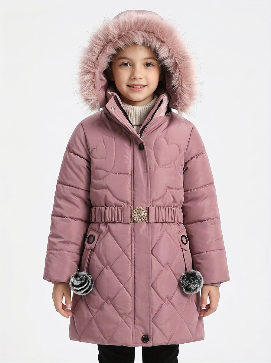 Doudoune Fille Motif Coeurs Pêche