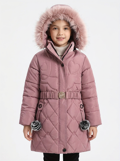 Doudoune Fille Motif Coeurs Pêche