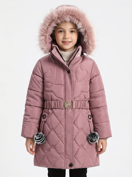 Doudoune Fille Motif Coeurs Pêche