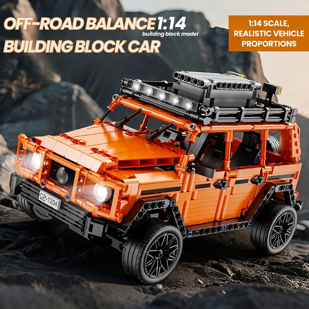 SUV tout-terrain orange à construire, entièrement assemblé