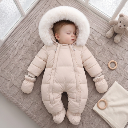 Combinaison pilote bébé hiver matelassée beige à capuche fourrée