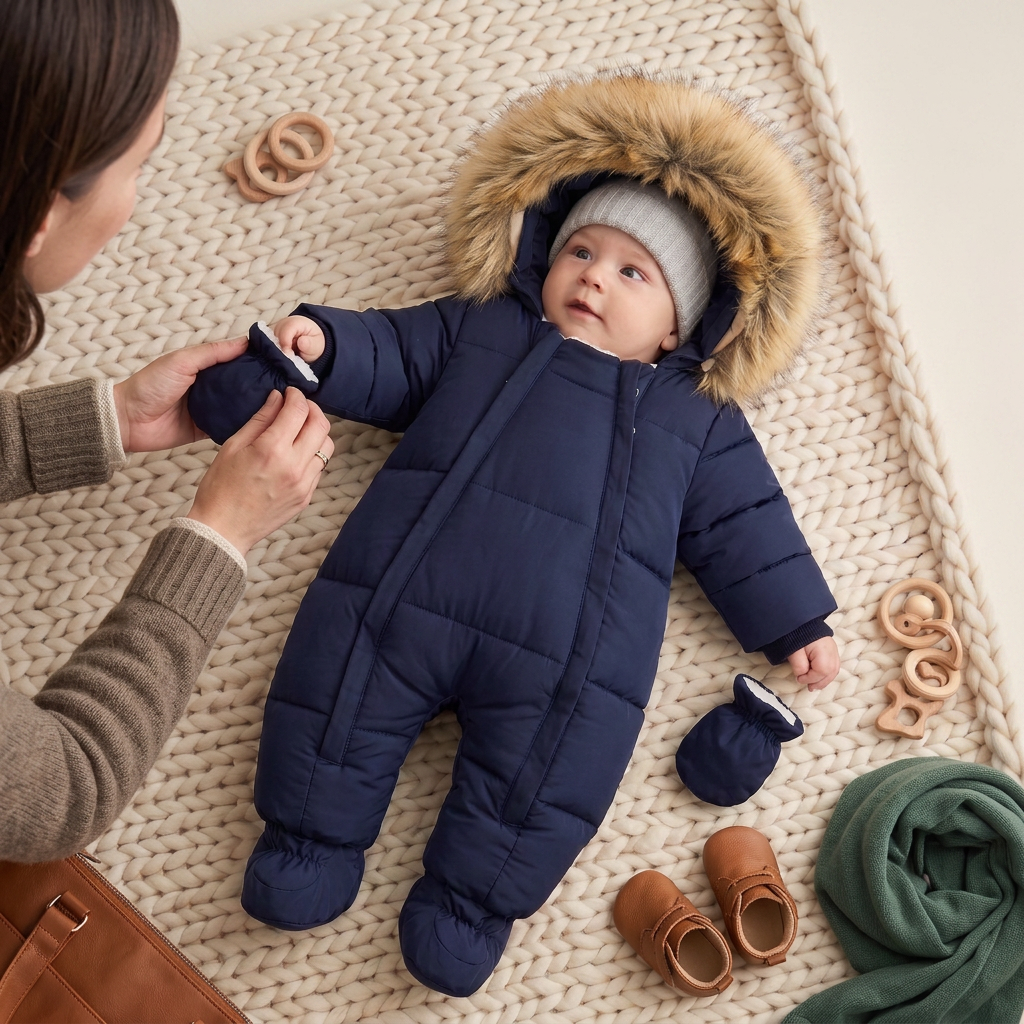 Combinaison pilote bébé hiver matelassée bleu marine à capuche fourrée
