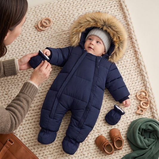 Combinaison pilote bébé hiver matelassée bleu marine à capuche fourrée