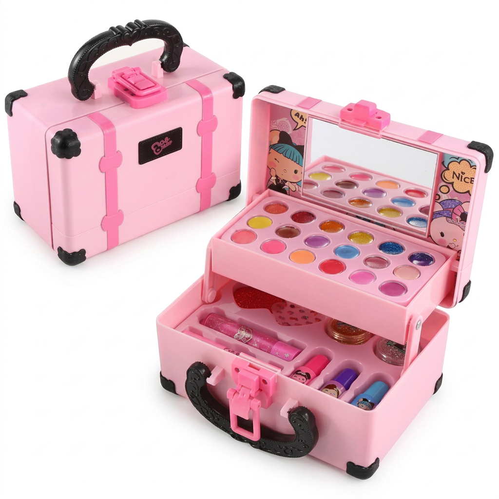 Gros plan des cosmétiques fictifs colorés du coffret maquillage princesse