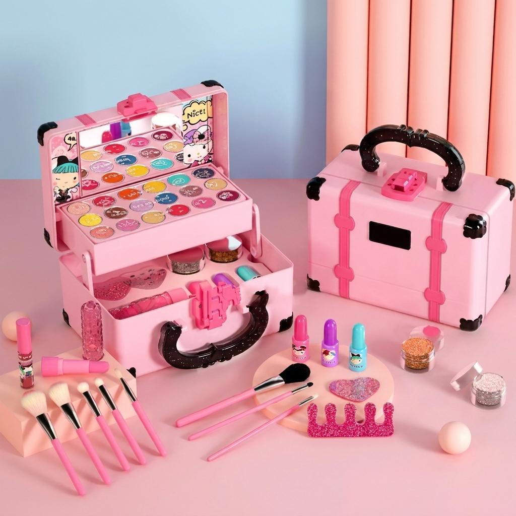 Coffret maquillage princesse pour enfants ouvert avec rouge à lèvres, fard à paupières et accessoires de beauté