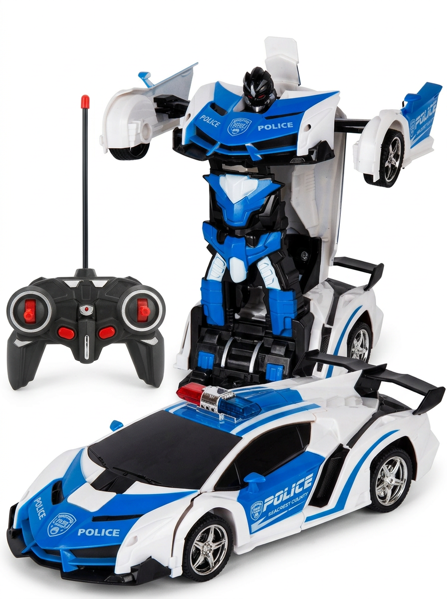 Voiture RC transformable, coloris bleu et blanc, en mode voiture