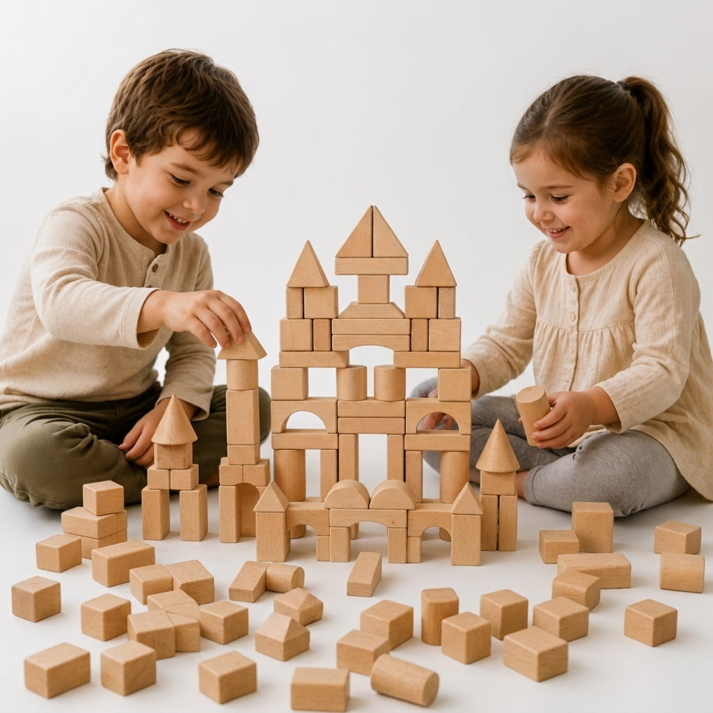 Blocs de construction en bois disposés en formes et couleurs