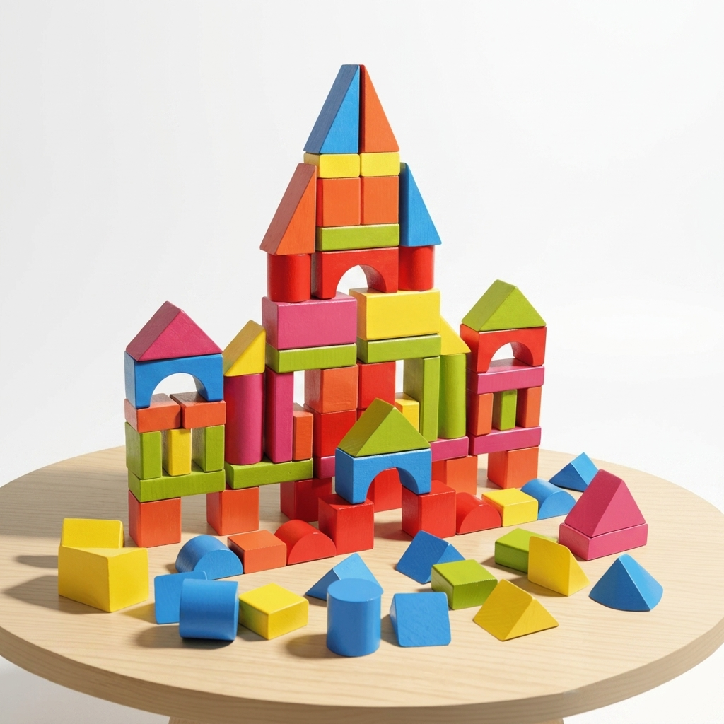 Set de 82 blocs de construction en bois colorés, dans sa boîte