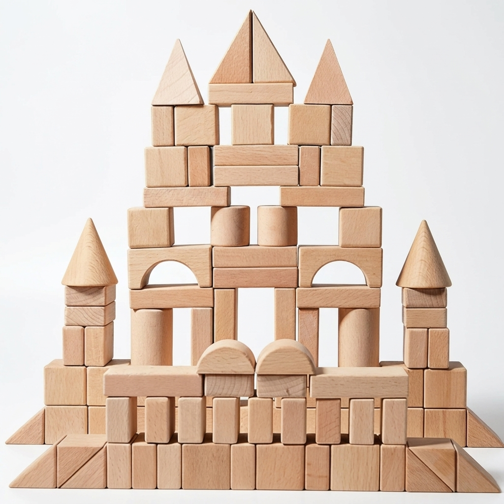 Set de blocs de construction en bois naturel, 100 pièces, dans sa boîte