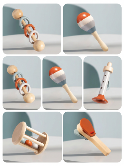 Détail des maracas et instruments de percussion en bois