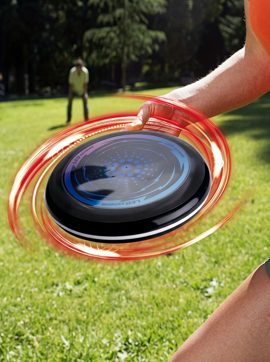 Frisbee LED Nightfly en plein vol en extérieur au crépuscule