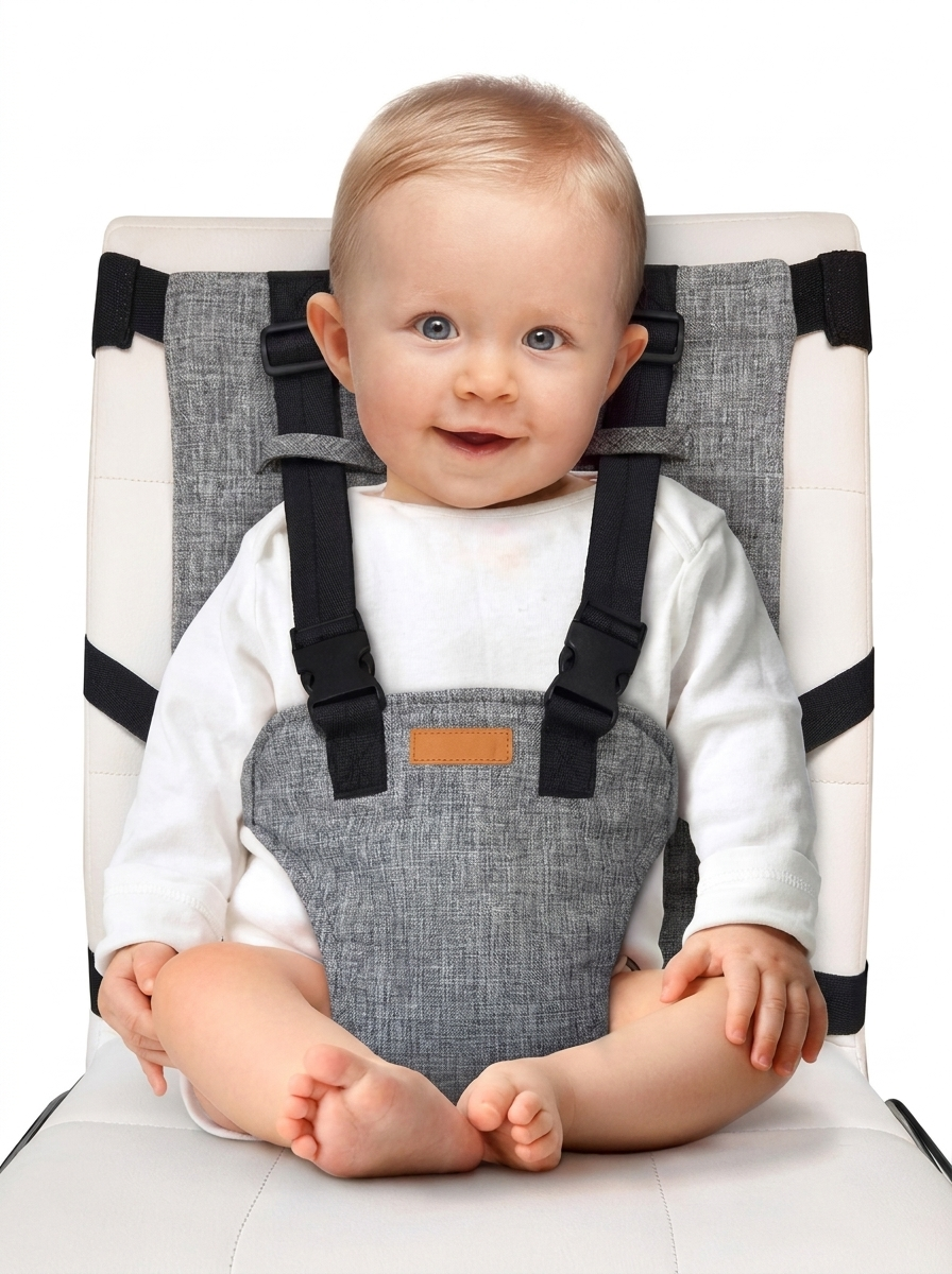 Réhausseur de chaise de voyage compact attaché à une chaise de salle à manger, vue de face