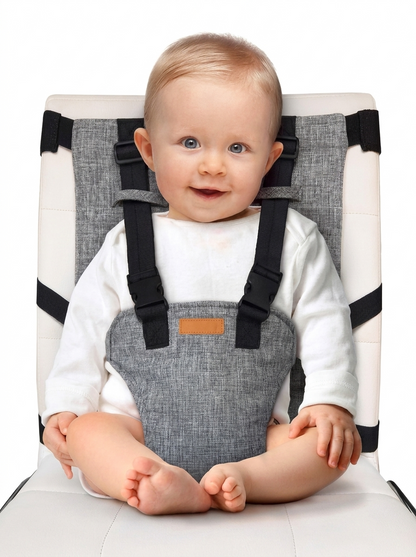 Réhausseur de chaise de voyage compact attaché à une chaise de salle à manger, vue de face