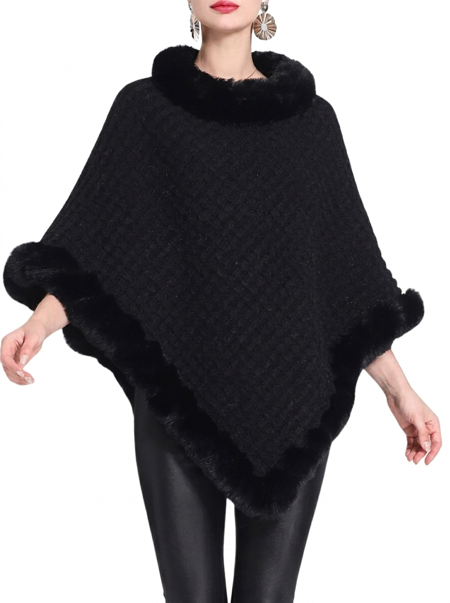 Poncho en maille oversize avec bordure fausse fourrure, coloris noir