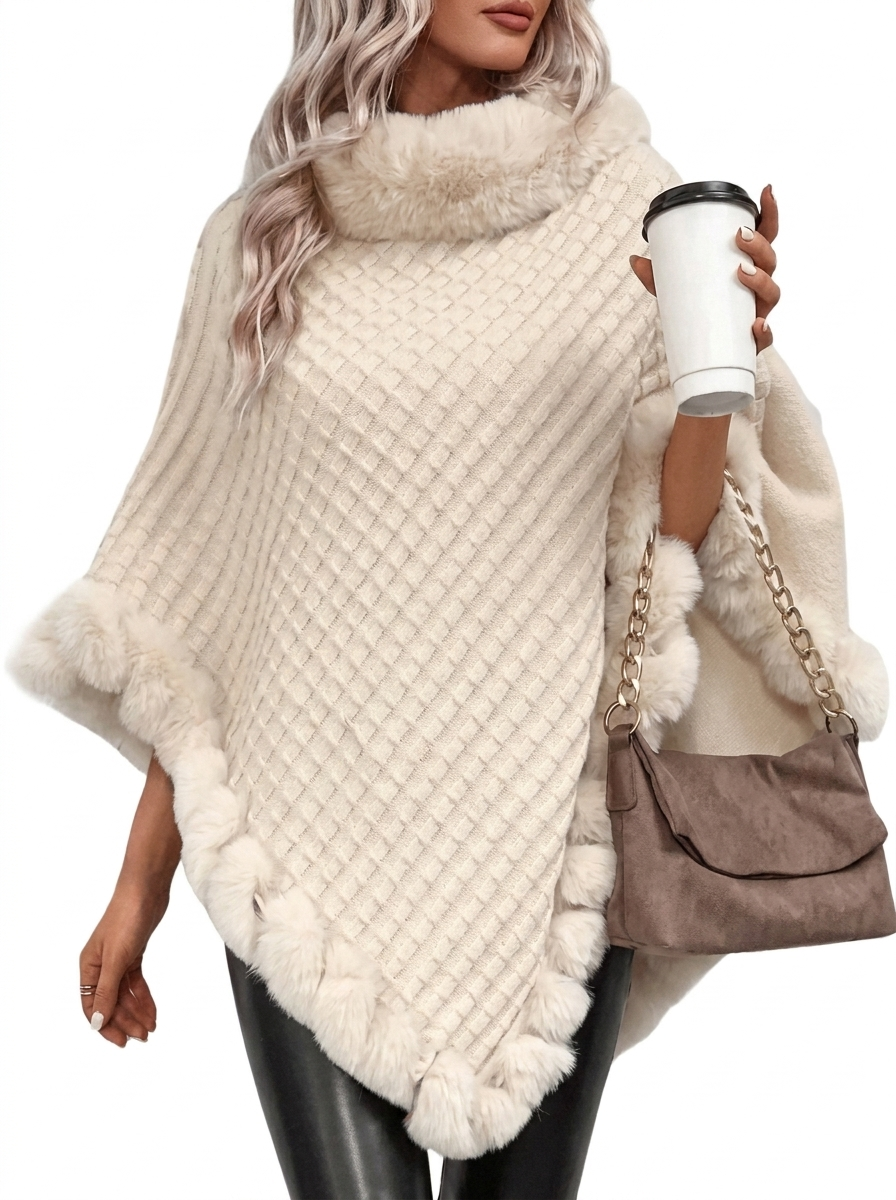 Poncho en maille oversize avec bordure fausse fourrure, détail de la maille torsadée
