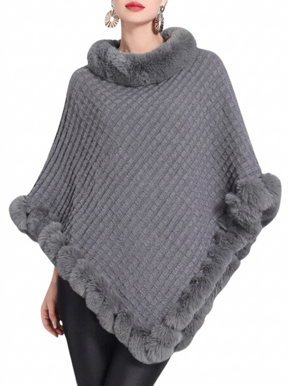 Poncho en maille oversize avec bordure fausse fourrure, coloris gris