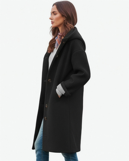 Manteau femme laine oversize à capuche, vue de profil