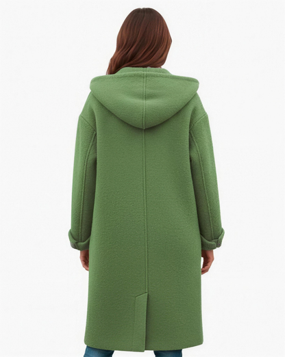 Manteau femme laine oversize, porté capuche relevée