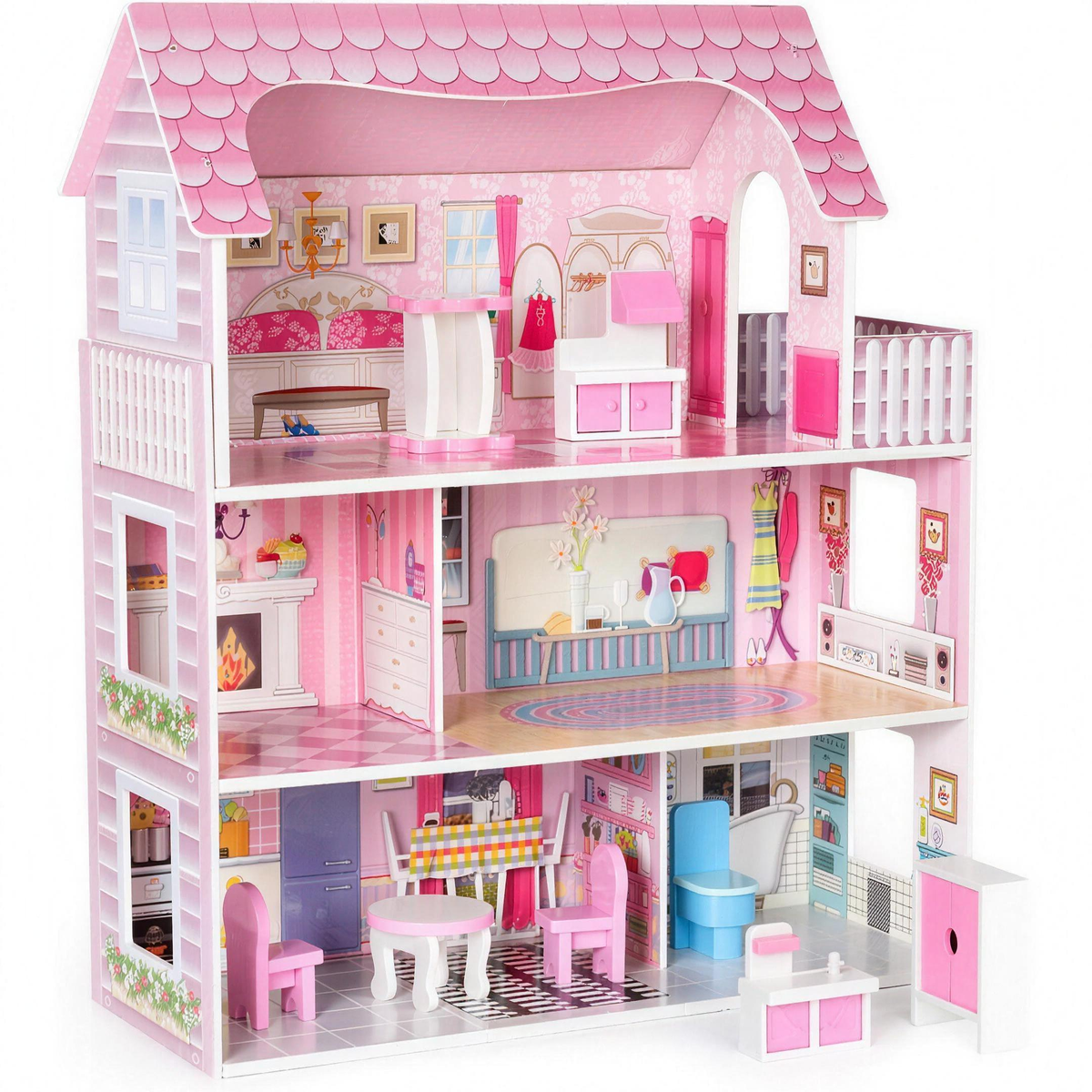 Maison de poupée en bois rose à 3 étages pour enfants, vue de face