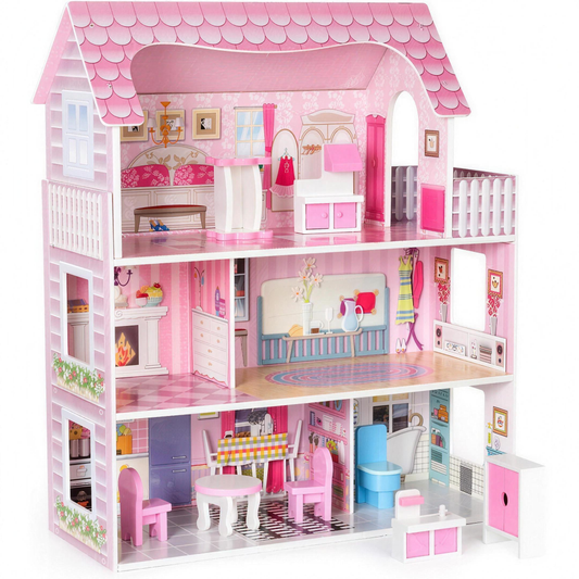 Maison de poupée en bois rose à 3 étages pour enfants, vue de face